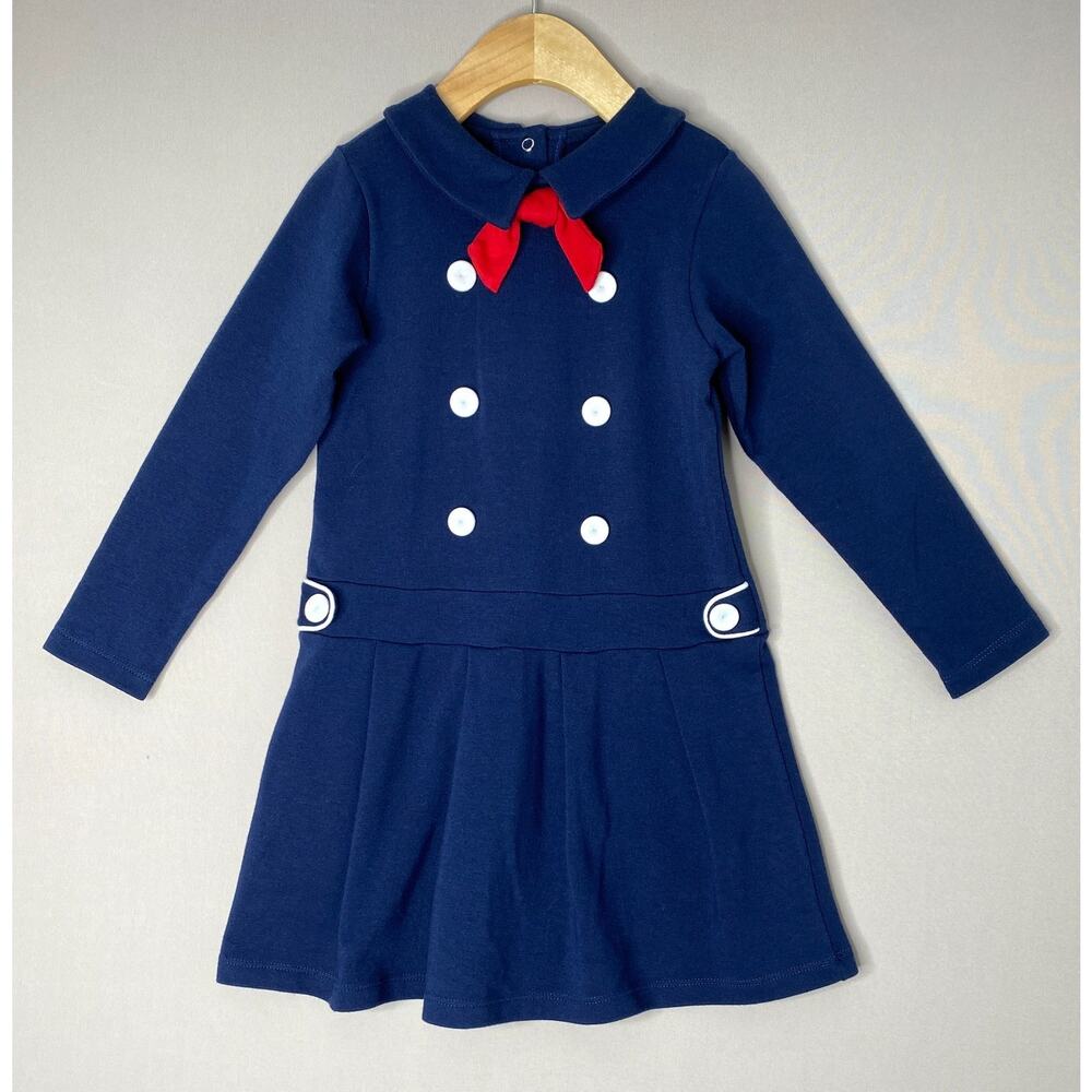Bella Bliss Navy Blue Sailor Dress w/White Buttons & Red Bow Girls 5 Yrs